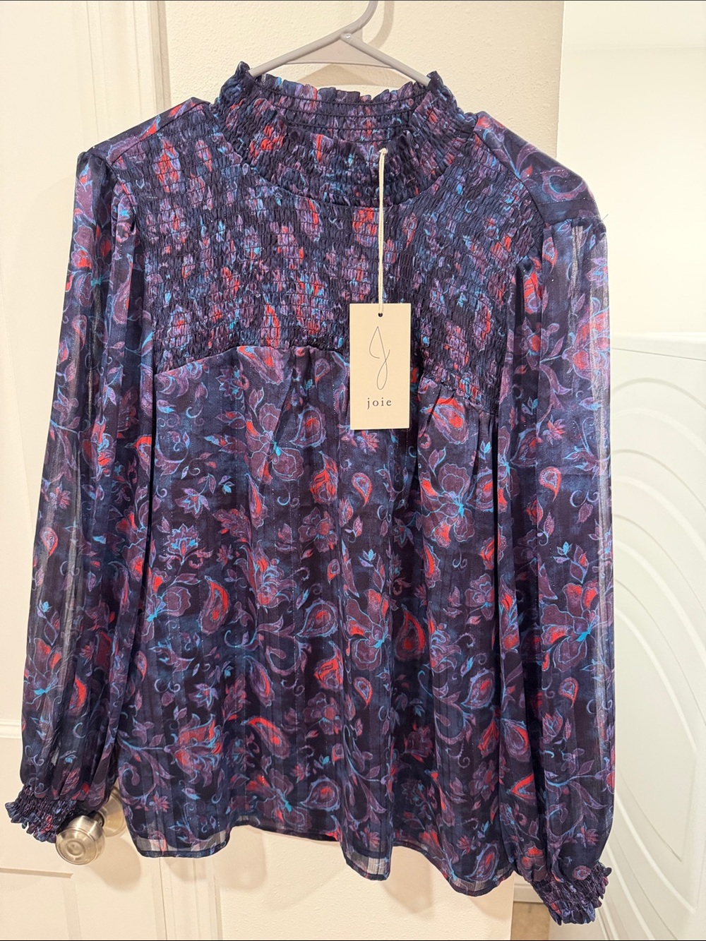 Joie Purple Floral Long-Sleeve Smocked Yoke Blouse